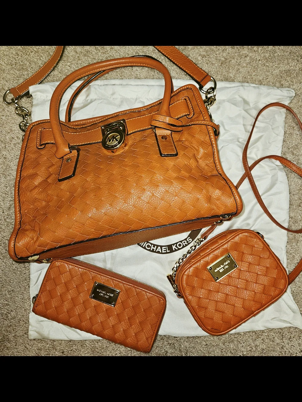 Michael Kors Hamilton Set, Burnt Orange Woven Leather Satchel/Crossbody/Coin Pur